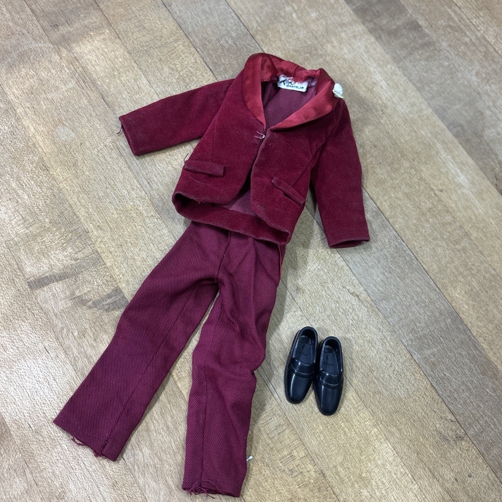 Vintage 1971 Ken Mod Night Scene #1496 Burgundy Tuxedo Outfit Jacket Pants Shoes